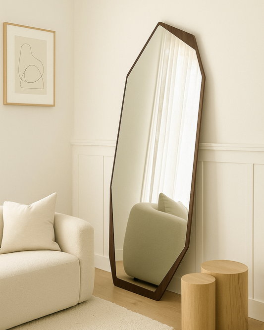 ESPEJO DECORATIVO CON DISEÑO IRREGULAR Y MODERNO PARA CASA EN INTERIORES 70x1.70 CM MDF CALIDAD EXCELENTE COLOR MADERA SOFISTICADO Y MINIMALISTA IDEAL PARA DECORACION DOMESTICA